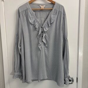Sundance Blue Striped Ruffle Blouse Top XL‎ Boho Peasant Artsy Coastal Pirate